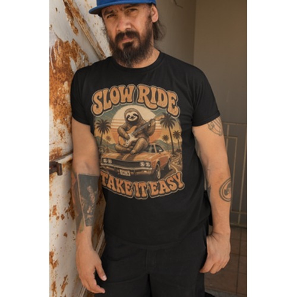 Royal Court & Friends Slow Ride Sloth Guitar T-Shirt Mens Black Retro Sunset Tee